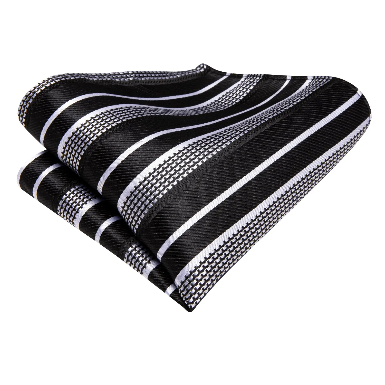 Hi-Tie Men's Black White Striped Necktie Pocket Square Cufflinks Set