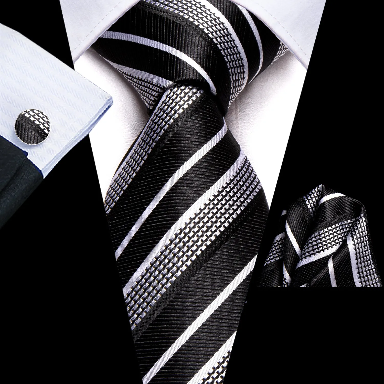 Hi-Tie Men's Black White Striped Necktie Pocket Square Cufflinks Set