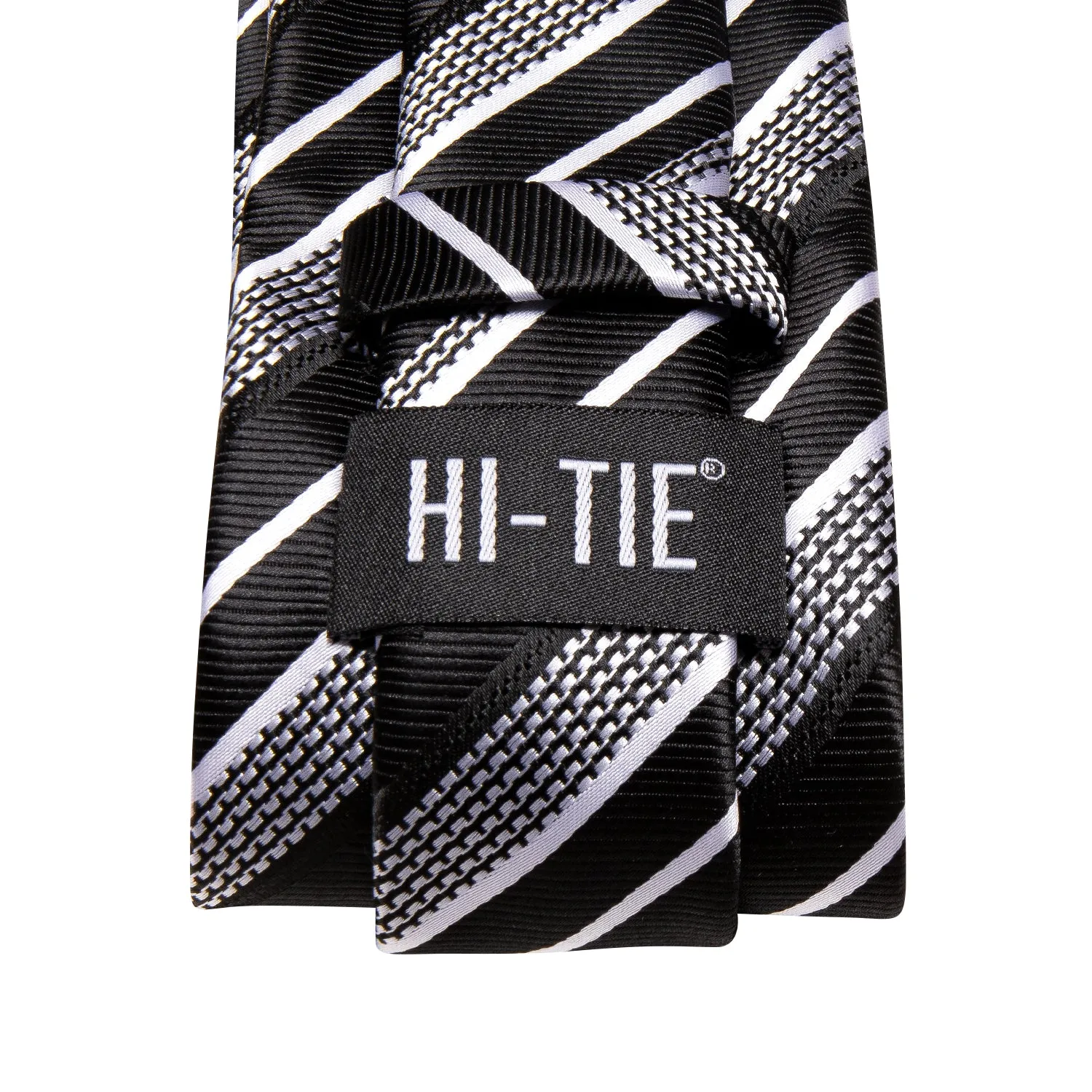 Hi-Tie Men's Black White Striped Necktie Pocket Square Cufflinks Set