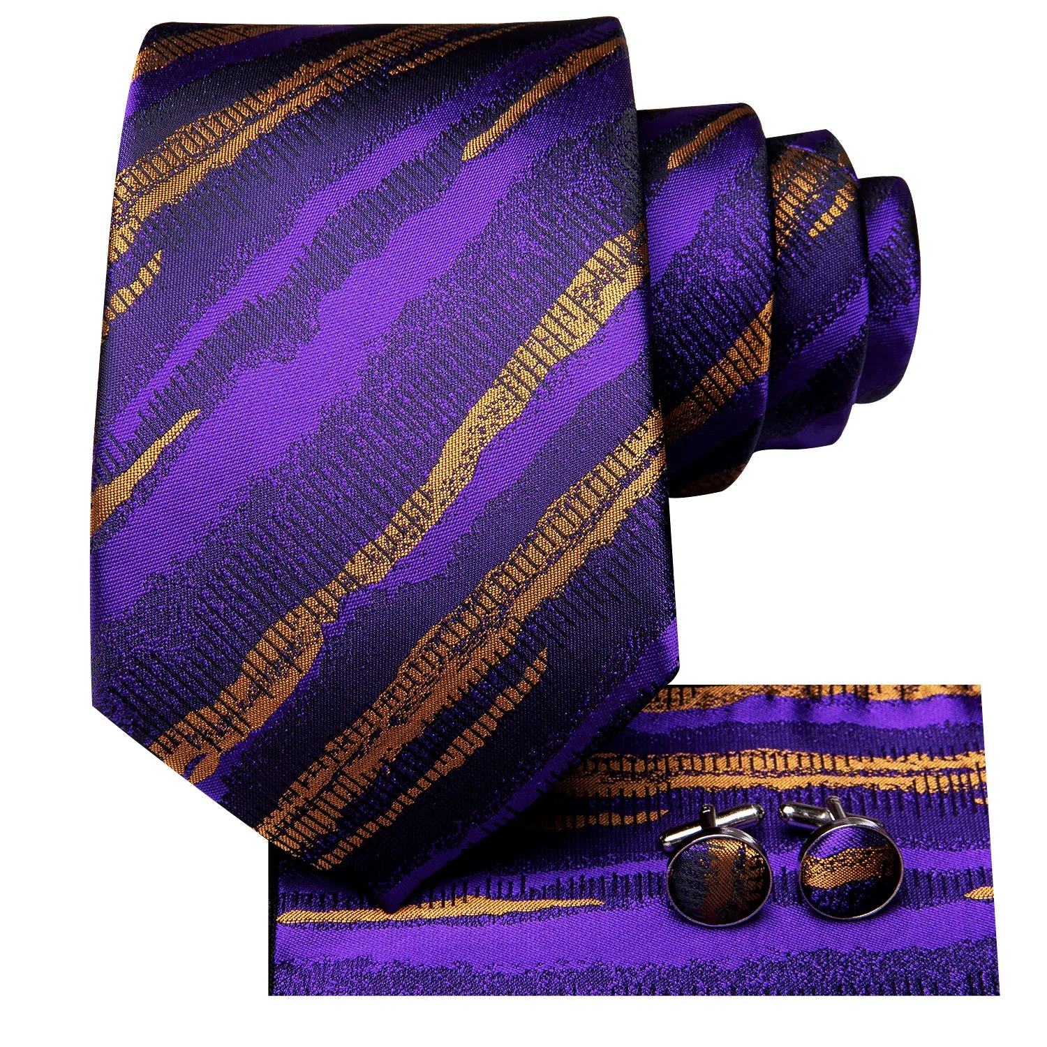 Hi-Tie Mens Purple Goldenrod Stiped Tie Pocket Square Cufflinks Set