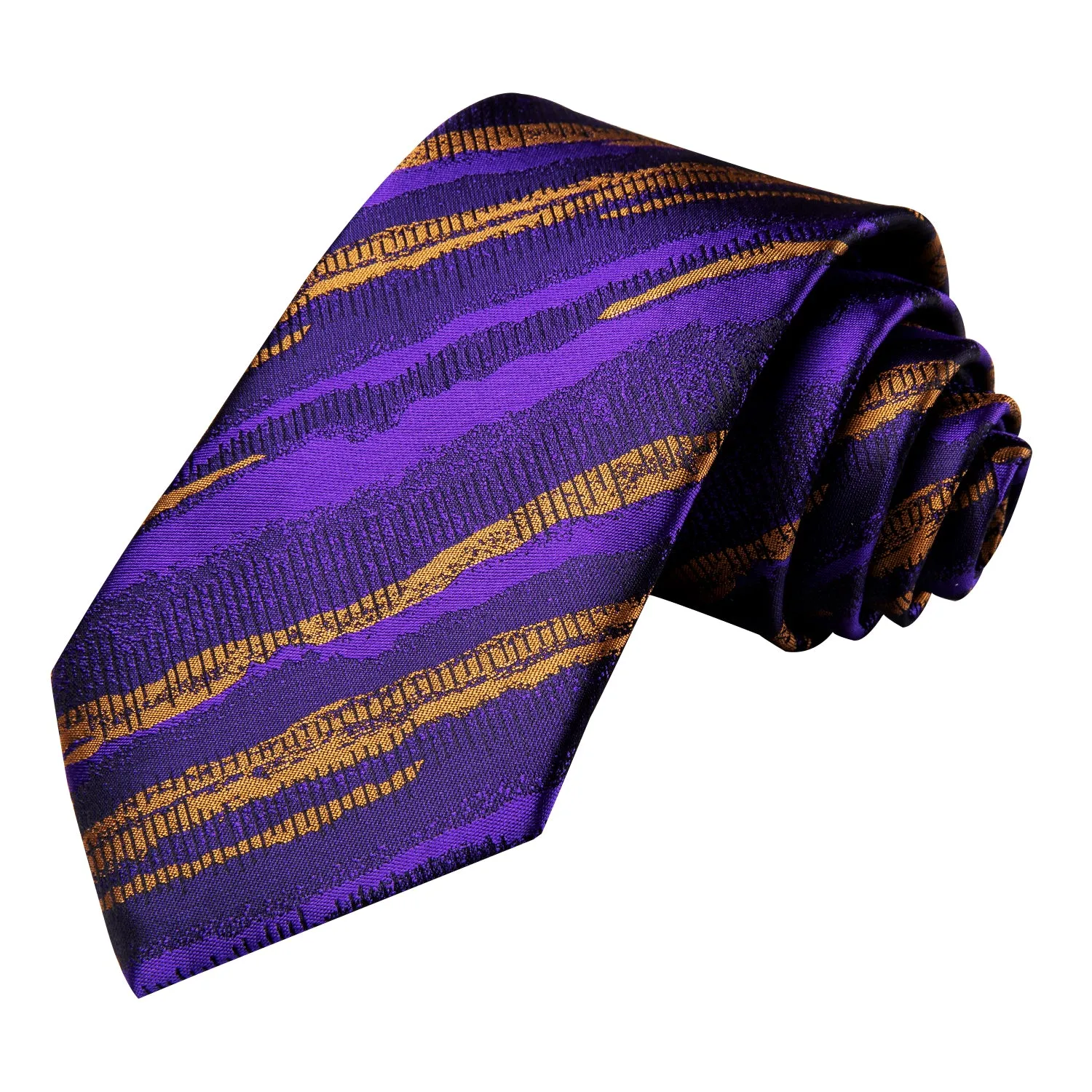 Hi-Tie Mens Purple Goldenrod Stiped Tie Pocket Square Cufflinks Set