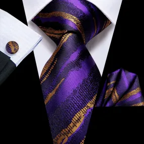 Hi-Tie Mens Purple Goldenrod Stiped Tie Pocket Square Cufflinks Set