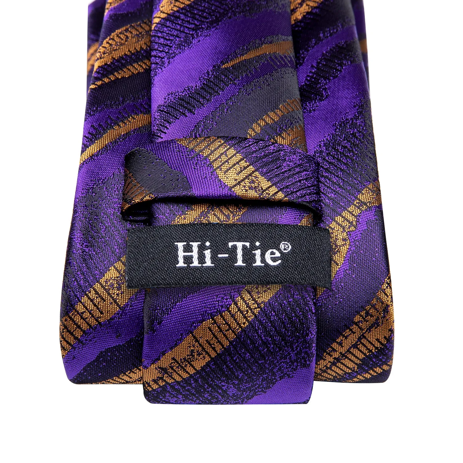 Hi-Tie Mens Purple Goldenrod Stiped Tie Pocket Square Cufflinks Set