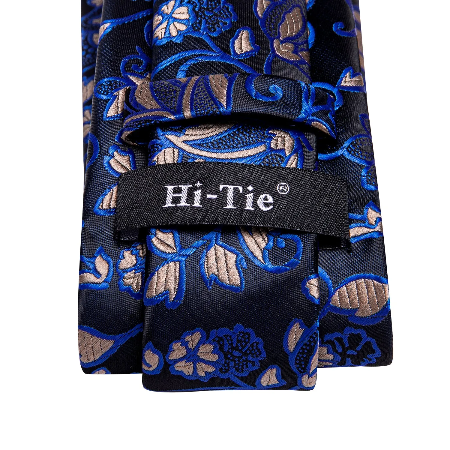 Hi-Tie Necktie Black Yellow Floral Tie Pocket Square Cufflinks Set