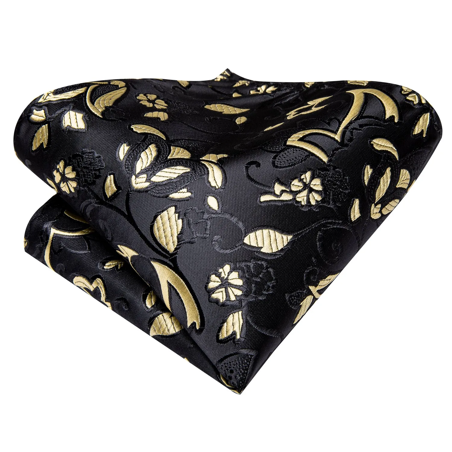 Hi-Tie Necktie Black Yellow Floral Tie Pocket Square Cufflinks Set