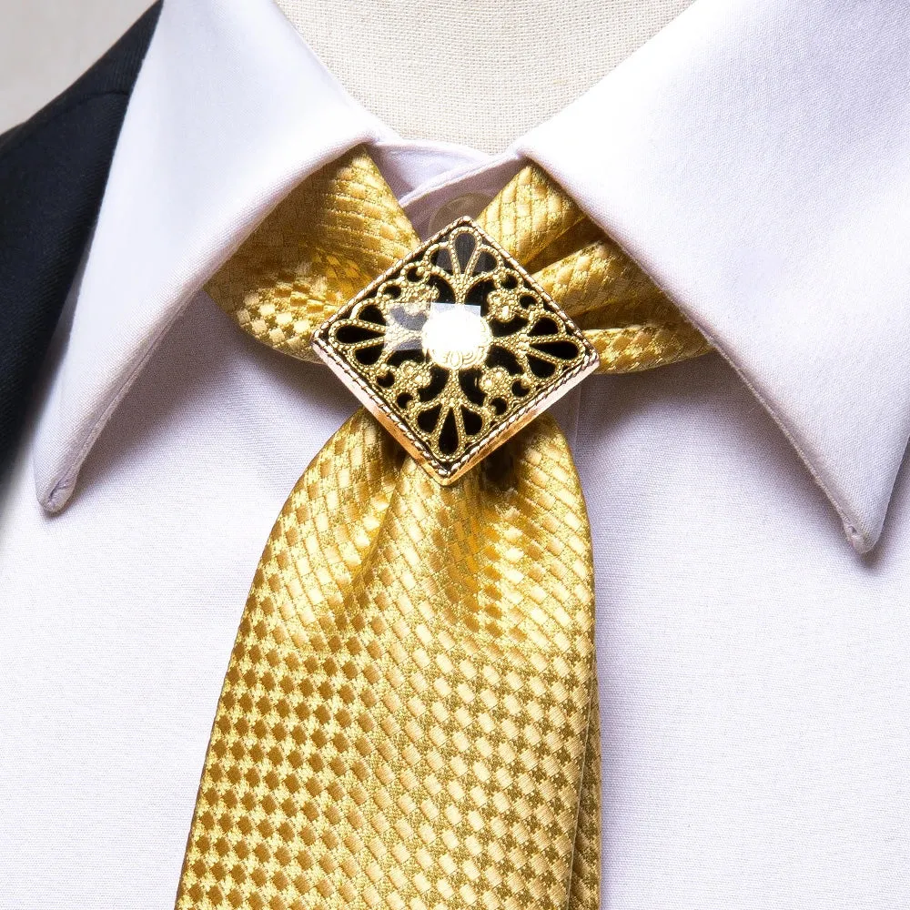 Hi-Tie Necktie Gold Solid Poirot Tie Ring Pocket Square Cufflinks Set