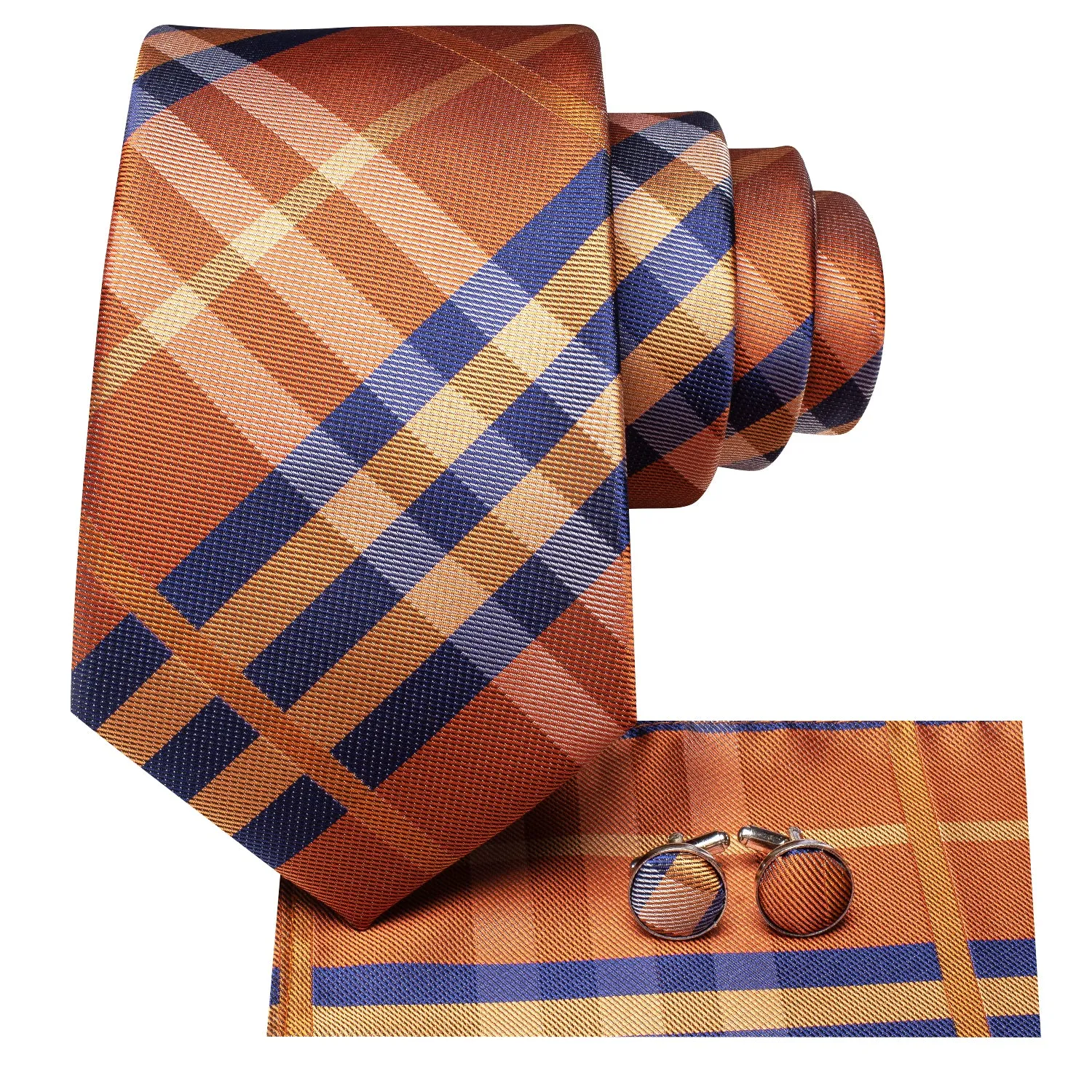 Hi-Tie Orange Necktie Blue Checkered Tie Pocket Square Cufflinks Set