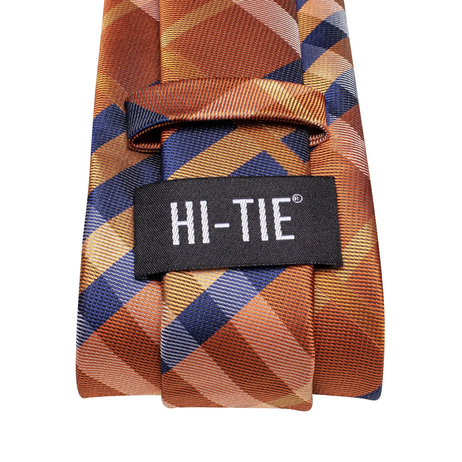 Hi-Tie Orange Necktie Blue Checkered Tie Pocket Square Cufflinks Set