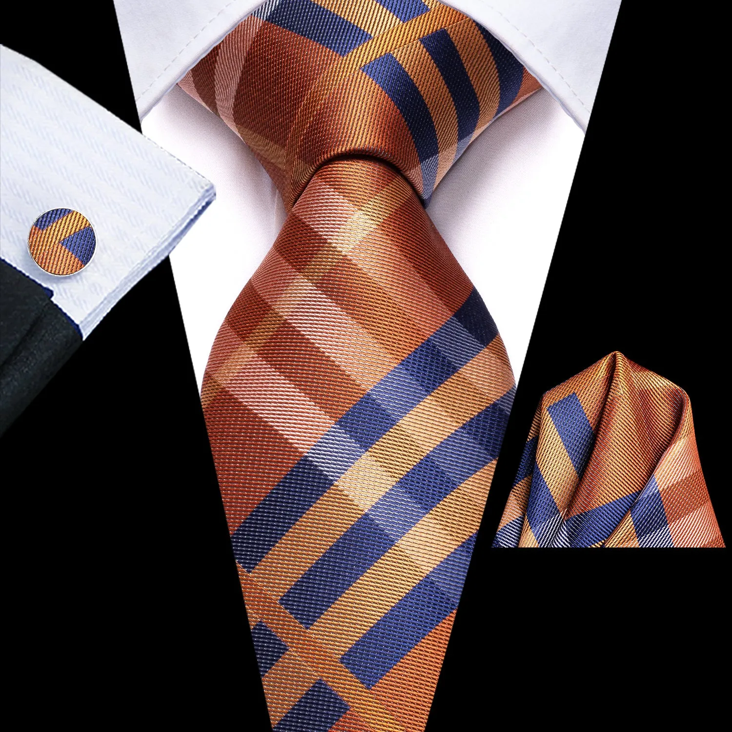 Hi-Tie Orange Necktie Blue Checkered Tie Pocket Square Cufflinks Set