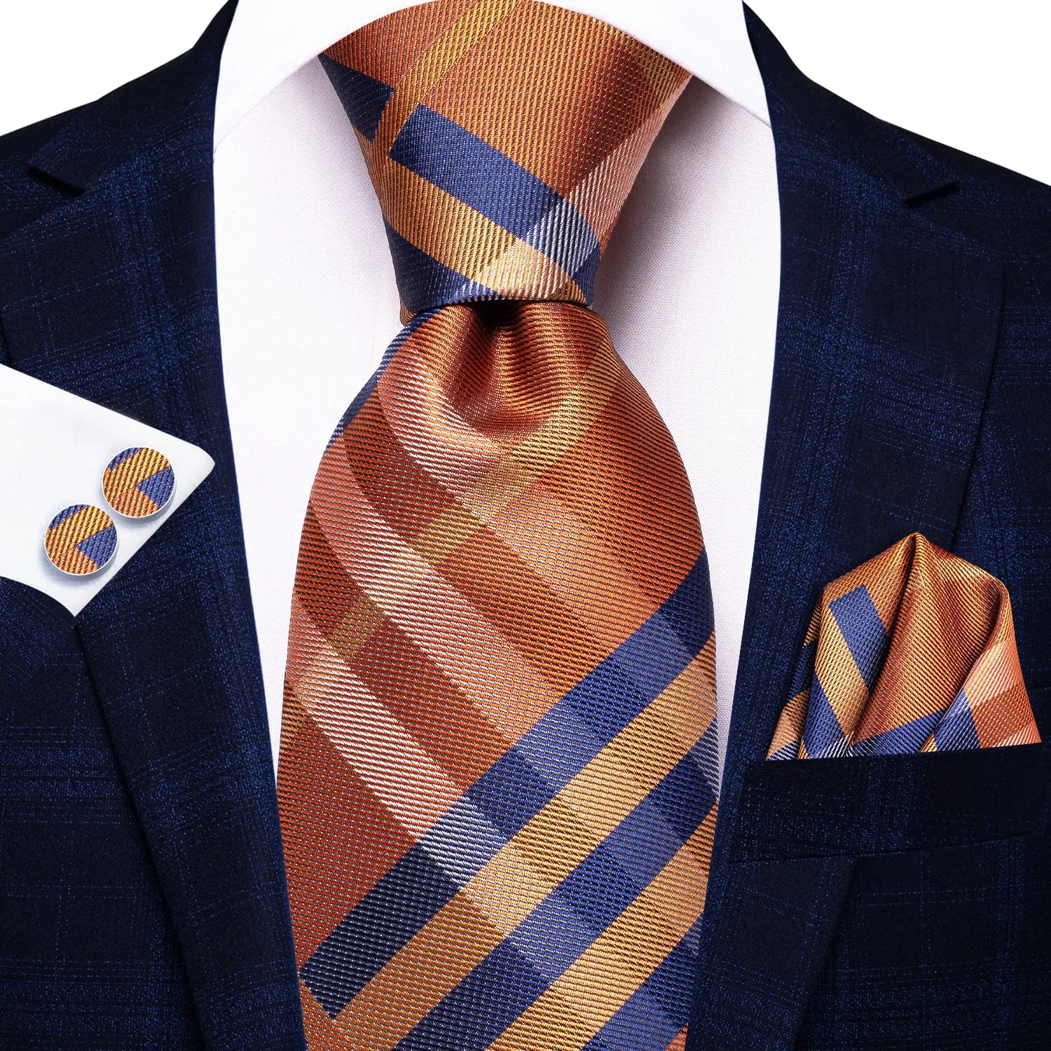 Hi-Tie Orange Necktie Blue Checkered Tie Pocket Square Cufflinks Set