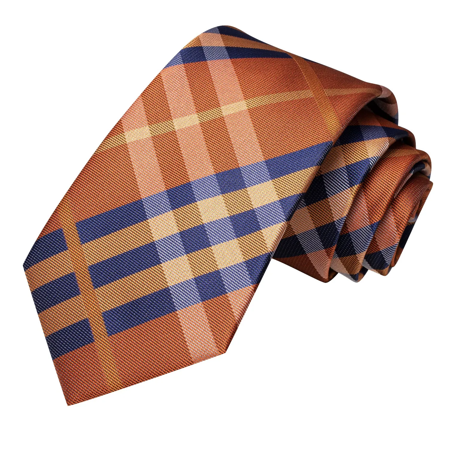 Hi-Tie Orange Necktie Blue Checkered Tie Pocket Square Cufflinks Set