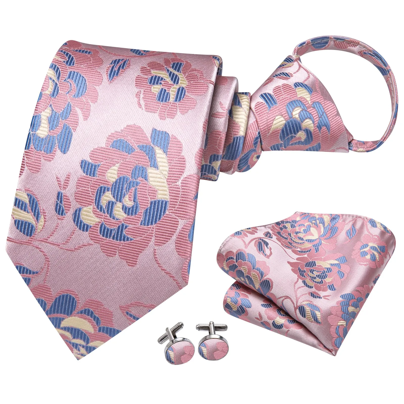 Hi-Tie Pink Tie Blue Floral Easy to Wear Necktie Hanky Cufflinks Set