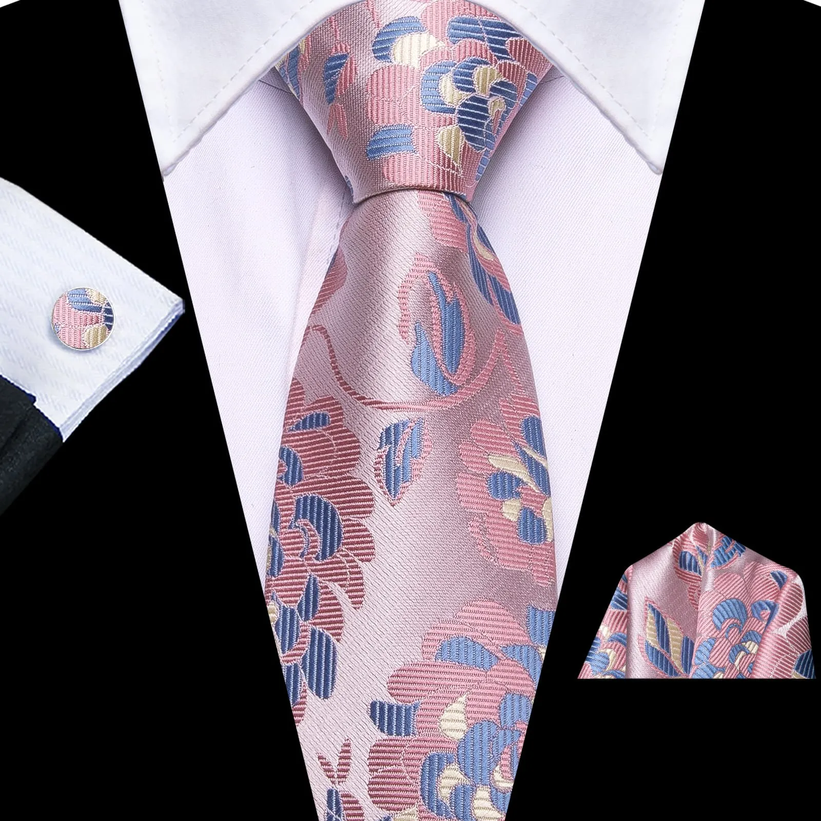 Hi-Tie Pink Tie Blue Floral Easy to Wear Necktie Hanky Cufflinks Set