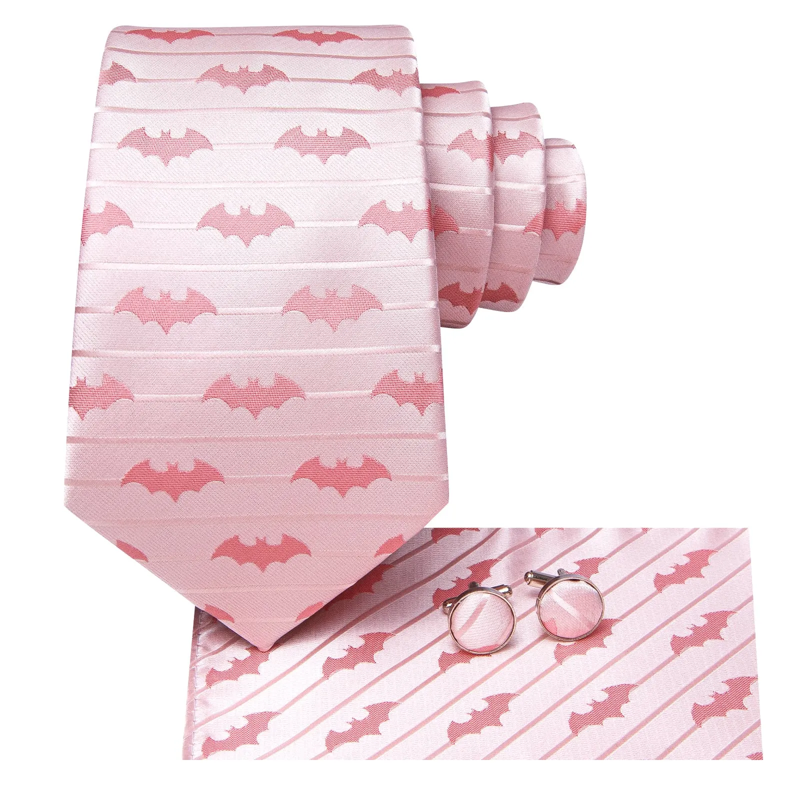 Hi-Tie Pink Tie Jacquard Bat Novelty Mens Necktie Hanky Cufflinks Set