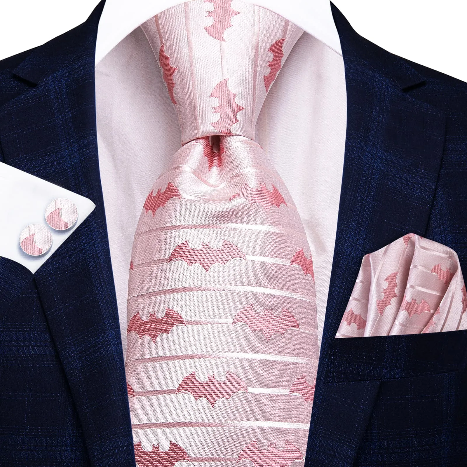 Hi-Tie Pink Tie Jacquard Bat Novelty Mens Necktie Hanky Cufflinks Set