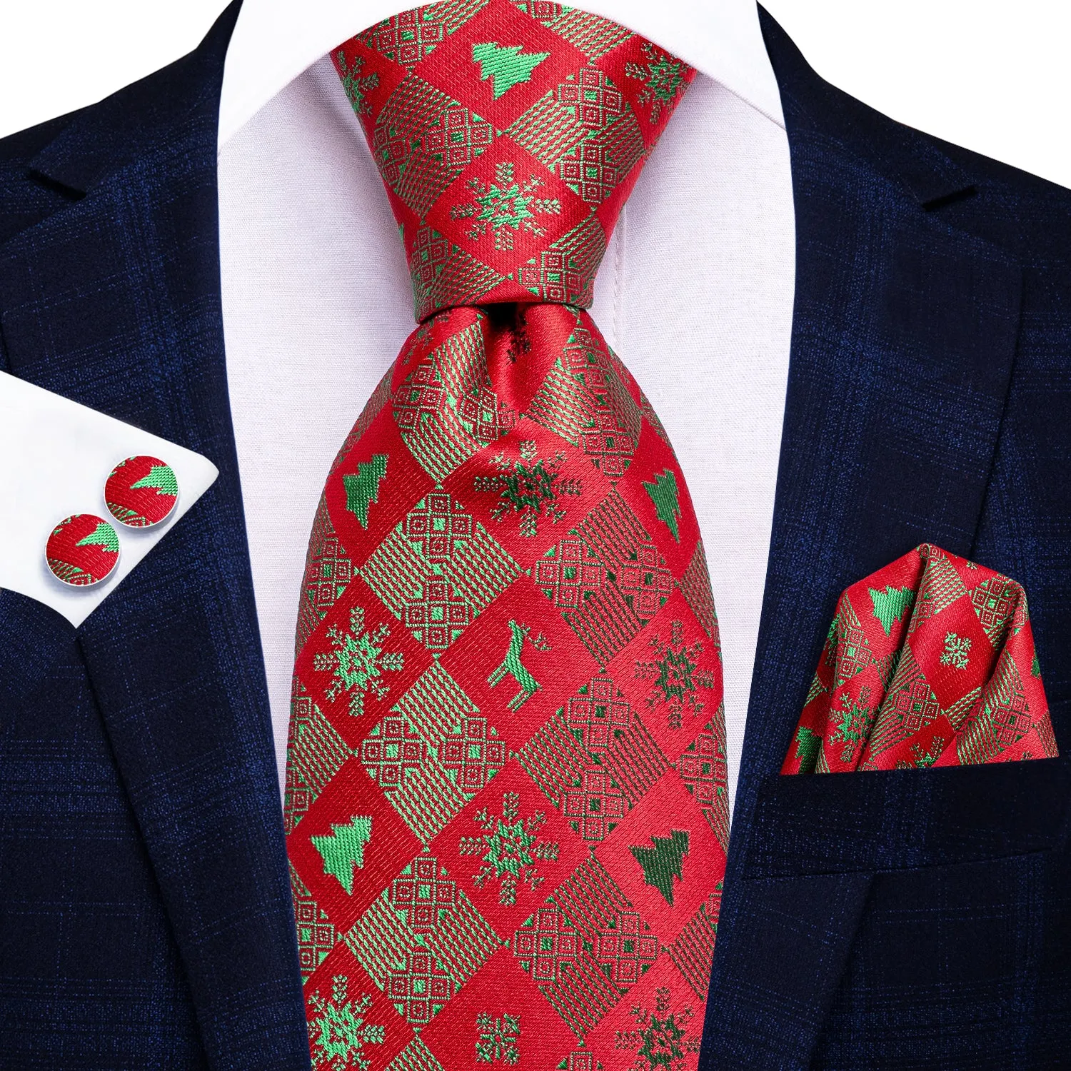 Hi-Tie Red Green Snow Novelty Christmas Necktie Hanky Cufflinks Set