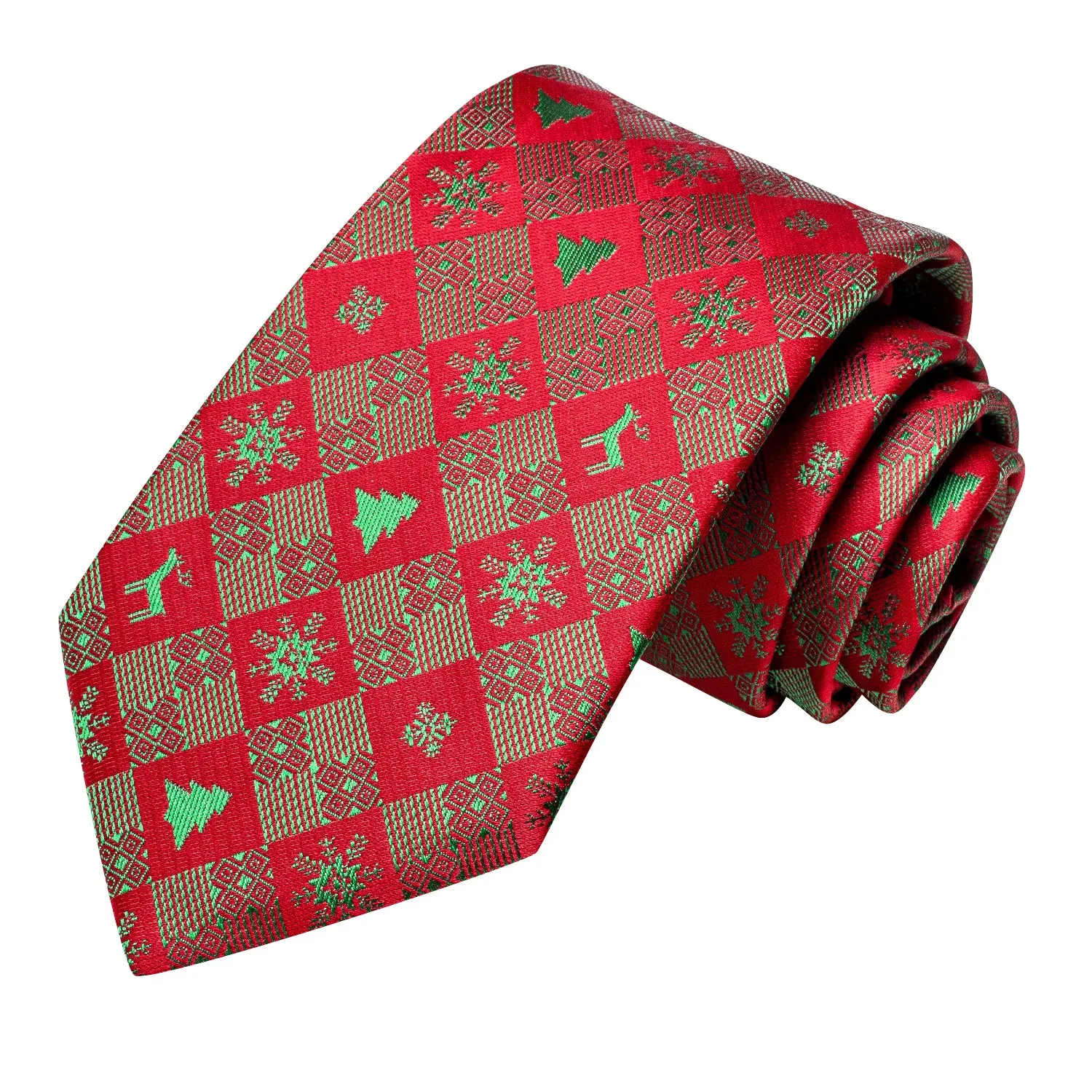 Hi-Tie Red Green Snow Novelty Christmas Necktie Hanky Cufflinks Set