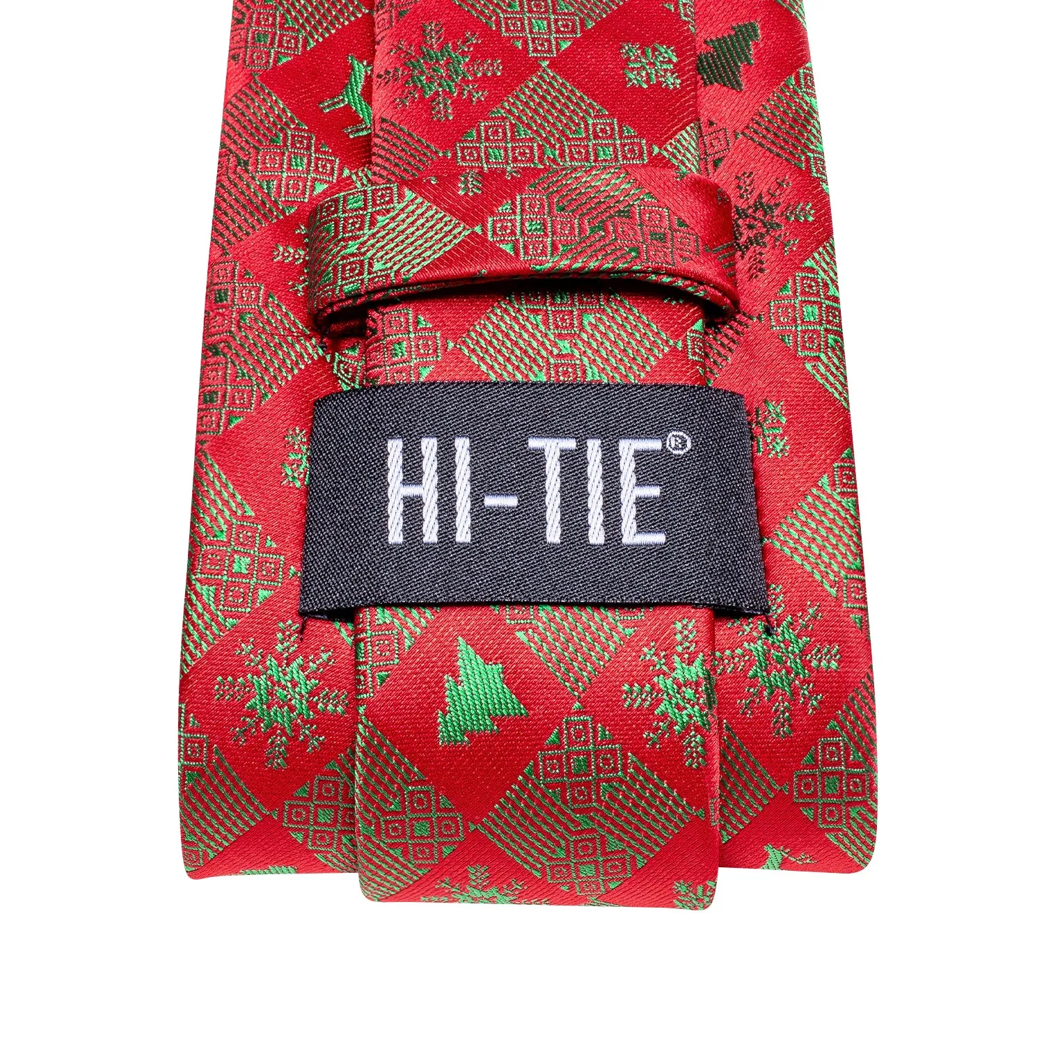 Hi-Tie Red Green Snow Novelty Christmas Necktie Hanky Cufflinks Set