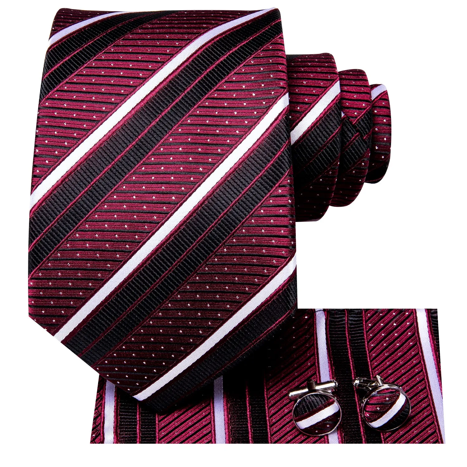 Hi-Tie Red Necktie Black White Stripes Tie Pocket Square Cufflinks Set