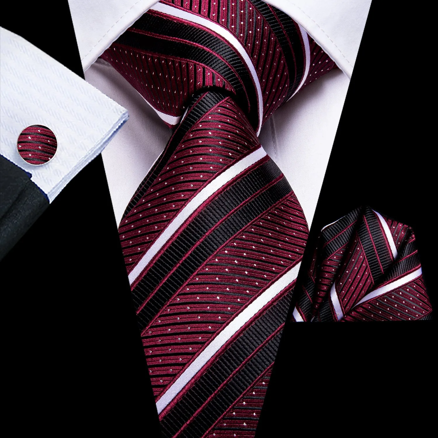 Hi-Tie Red Necktie Black White Stripes Tie Pocket Square Cufflinks Set