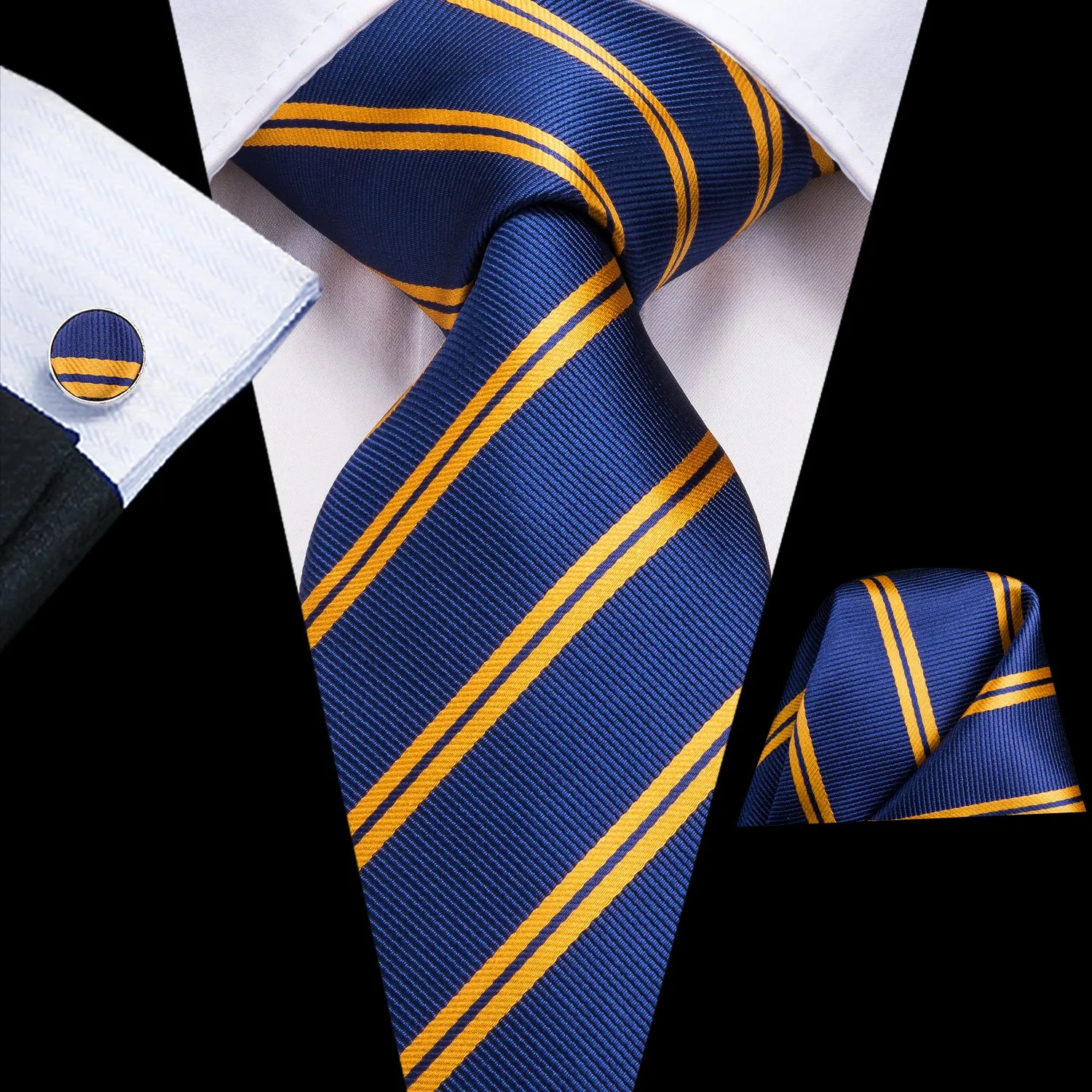 Hi-Tie Shining Blue Yellow Striped Necktie Pocket Square Cufflinks Set