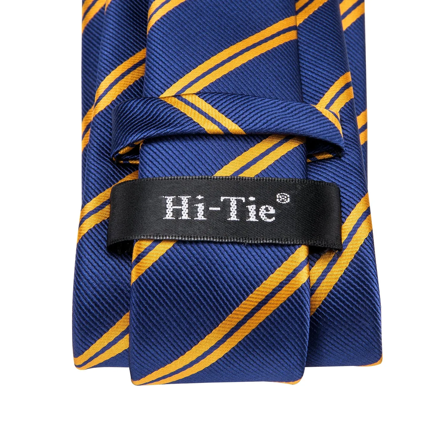 Hi-Tie Shining Blue Yellow Striped Necktie Pocket Square Cufflinks Set