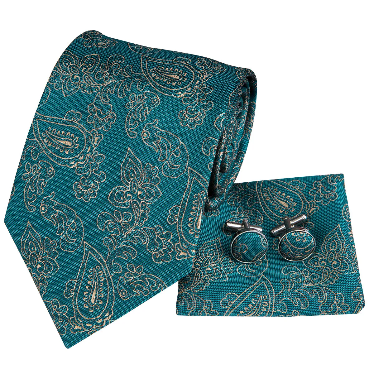 Hi-Tie Teal Green Tie Gold LIne floral Tie Pocket Square Cufflinks Set