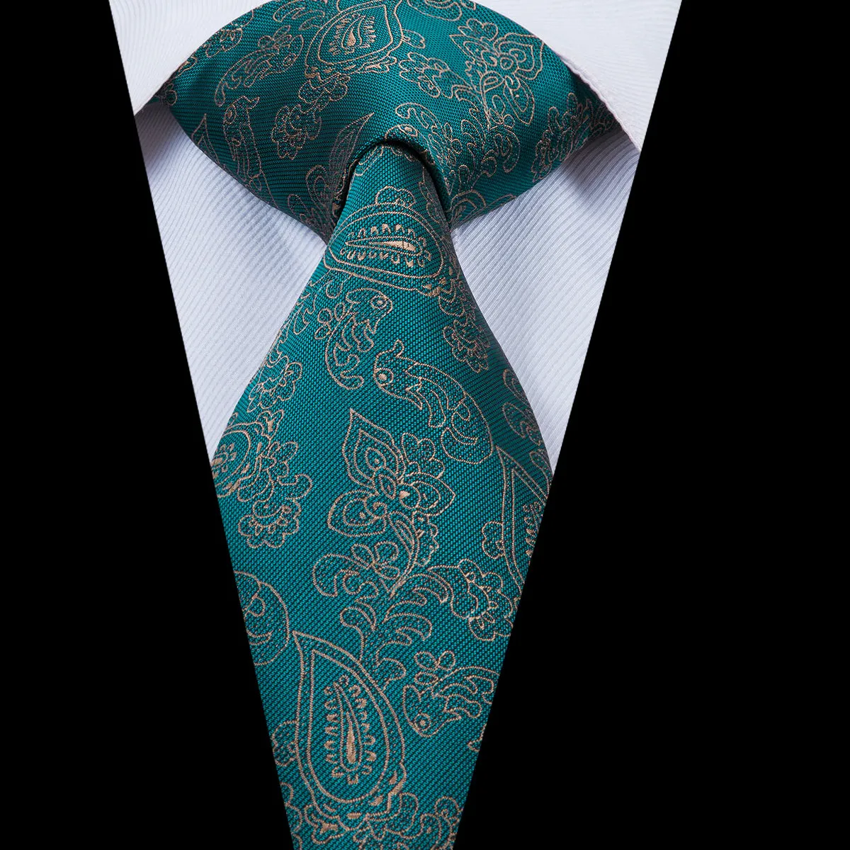 Hi-Tie Teal Green Tie Gold LIne floral Tie Pocket Square Cufflinks Set