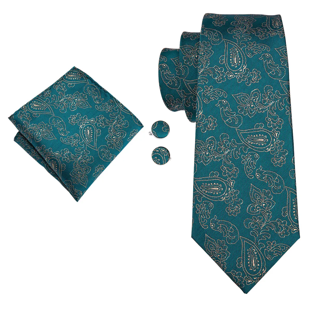 Hi-Tie Teal Green Tie Gold LIne floral Tie Pocket Square Cufflinks Set