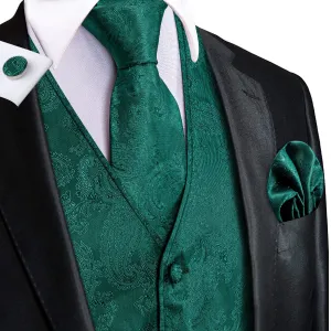 Hi-Tie Waistcoat Dark Green Jacquard Paisley Mens Vest and Tie Set