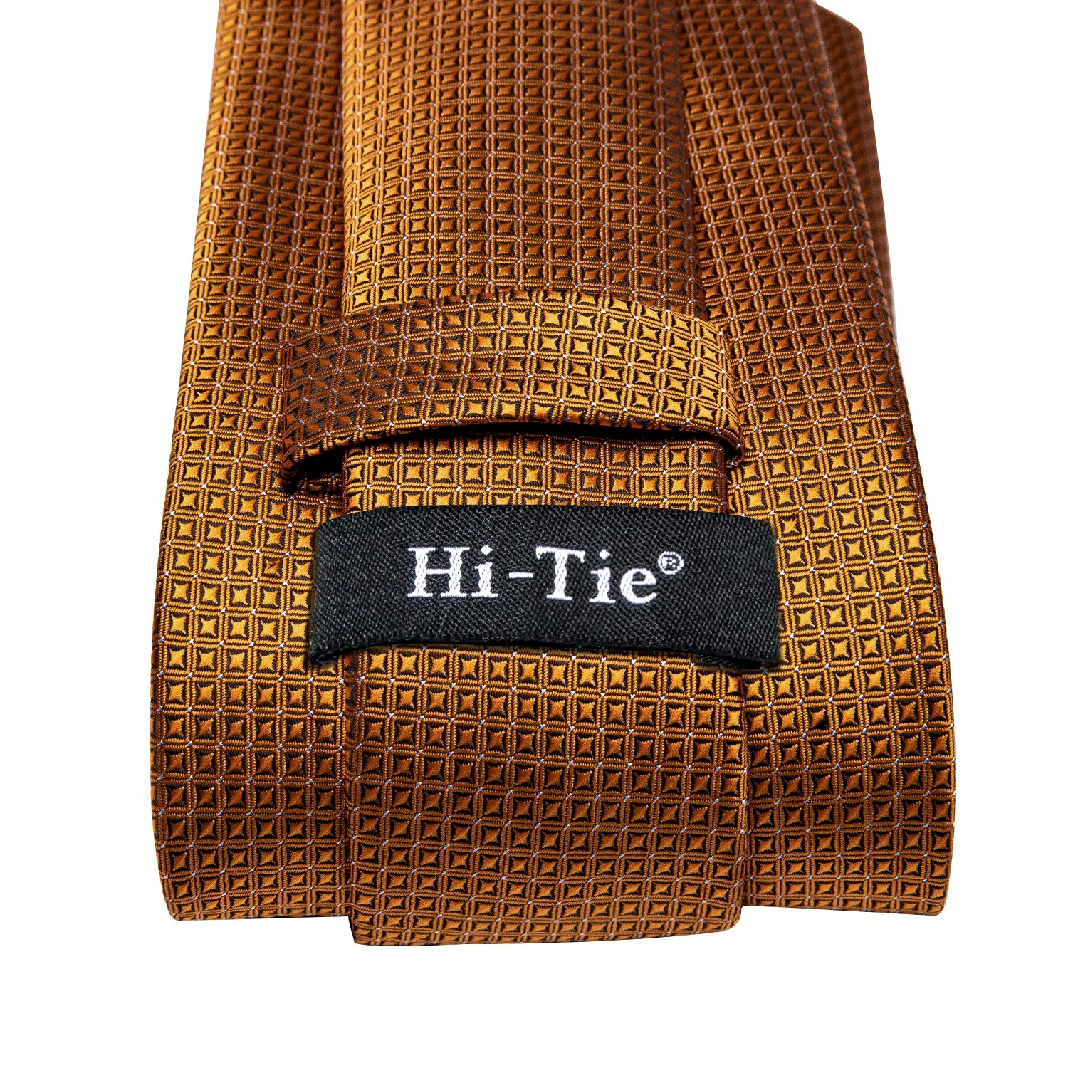 Hi-Tie Wedding Necktie Golden Plaid Tie Pocket Square Cufflinks Set