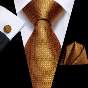 Hi-Tie Wedding Necktie Golden Plaid Tie Pocket Square Cufflinks Set