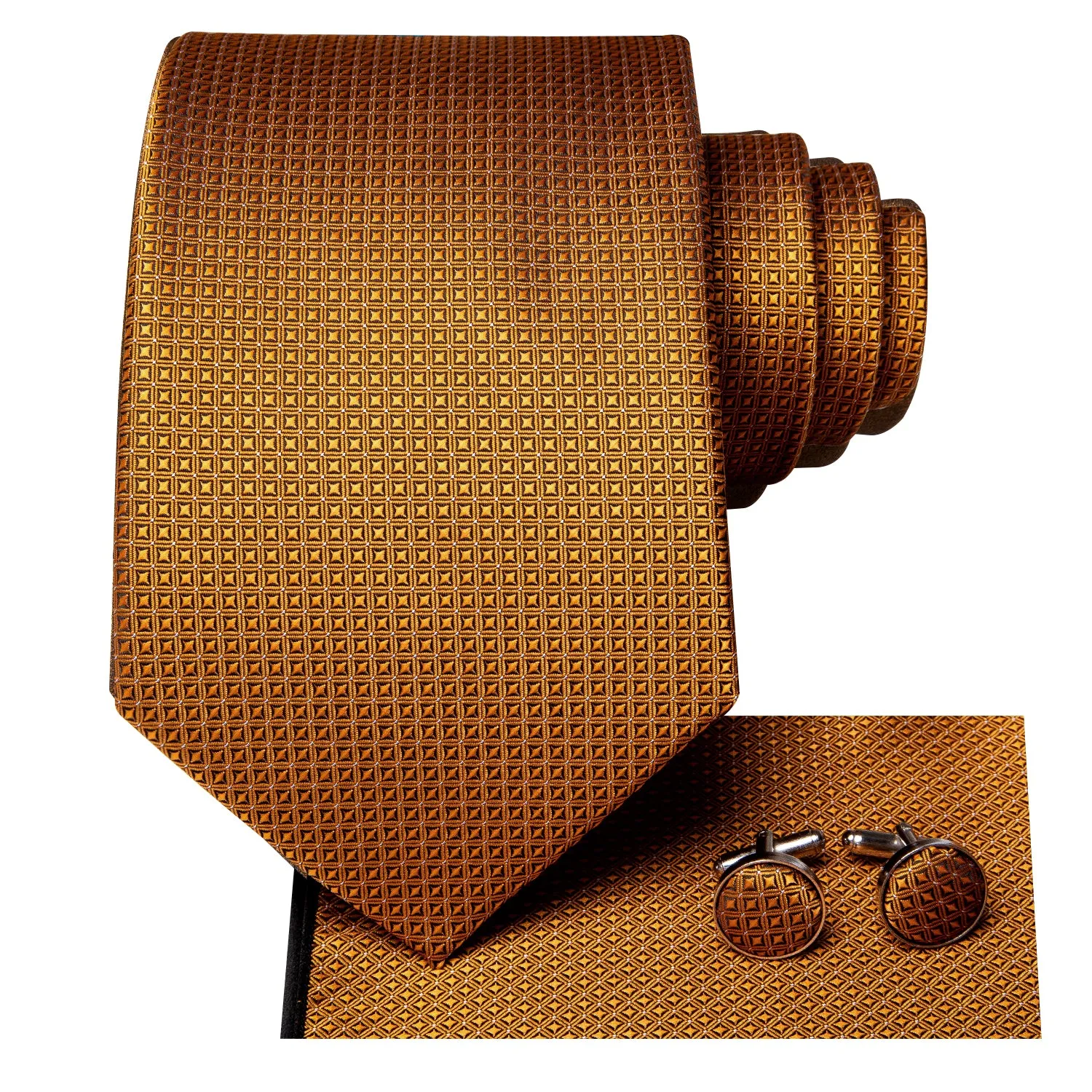 Hi-Tie Wedding Necktie Golden Plaid Tie Pocket Square Cufflinks Set