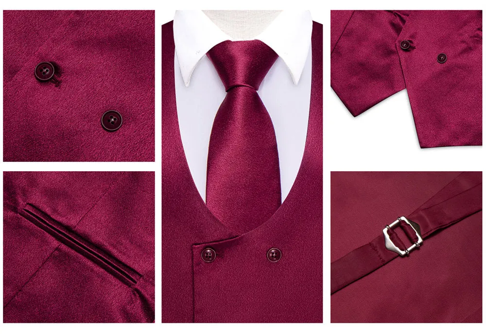 Hi-Tie Wine Solid U-Neck Double-Breasted Vest Necktie Bowtie Set