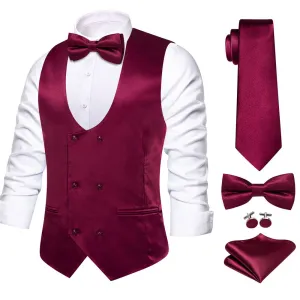 Hi-Tie Wine Solid U-Neck Double-Breasted Vest Necktie Bowtie Set