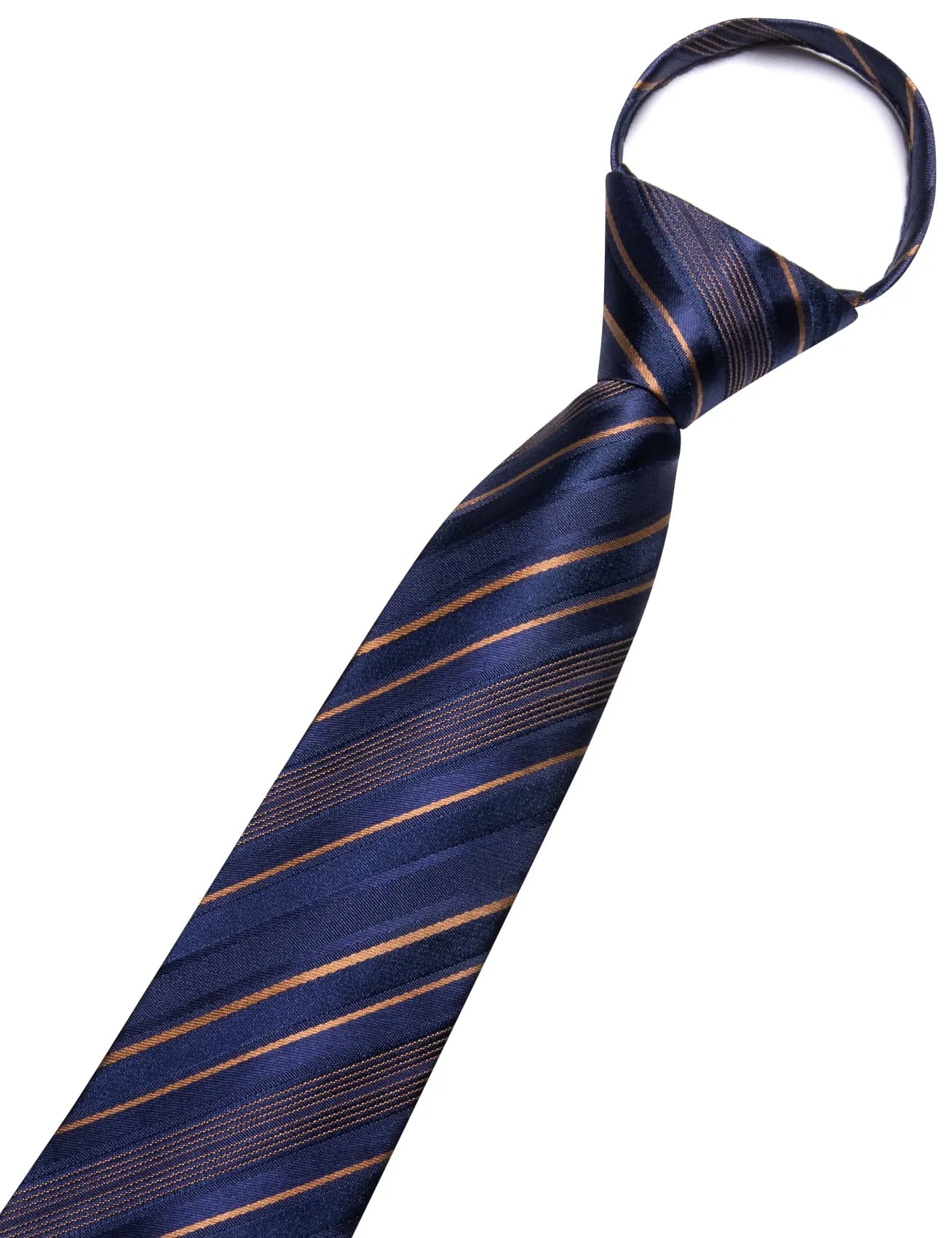 Hi-Tie Zipper Ties Navy Blue Brown Striped Necktie Hanky Cufflinks Set