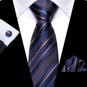 Hi-Tie Zipper Ties Navy Blue Brown Striped Necktie Hanky Cufflinks Set