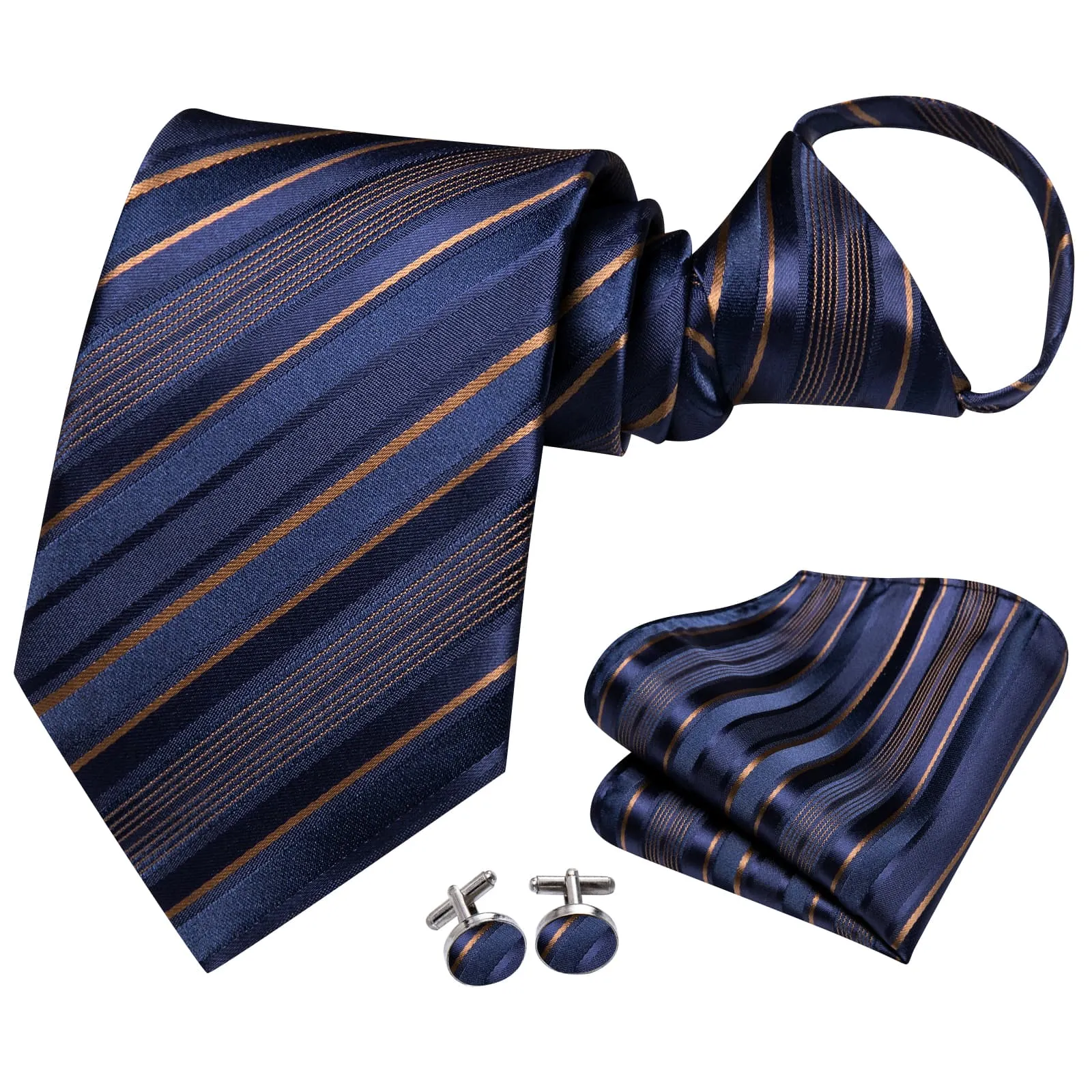 Hi-Tie Zipper Ties Navy Blue Brown Striped Necktie Hanky Cufflinks Set