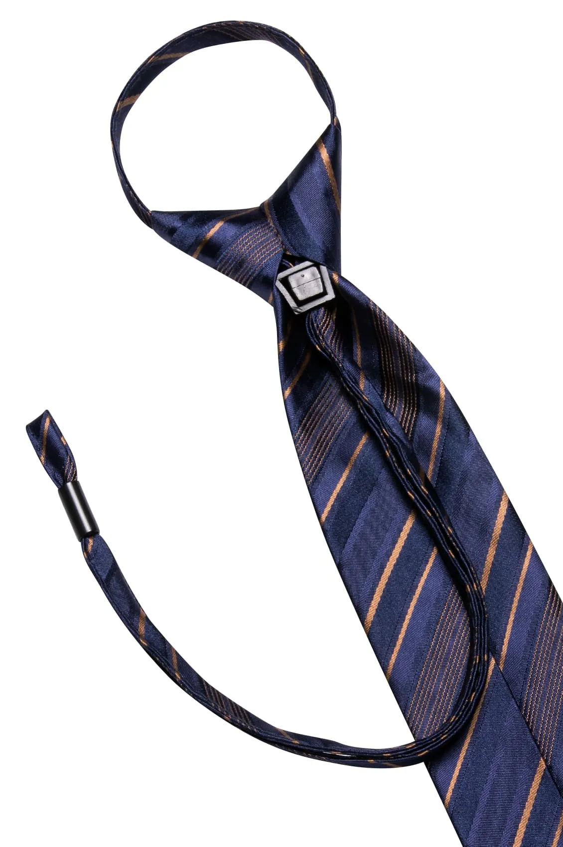 Hi-Tie Zipper Ties Navy Blue Brown Striped Necktie Hanky Cufflinks Set