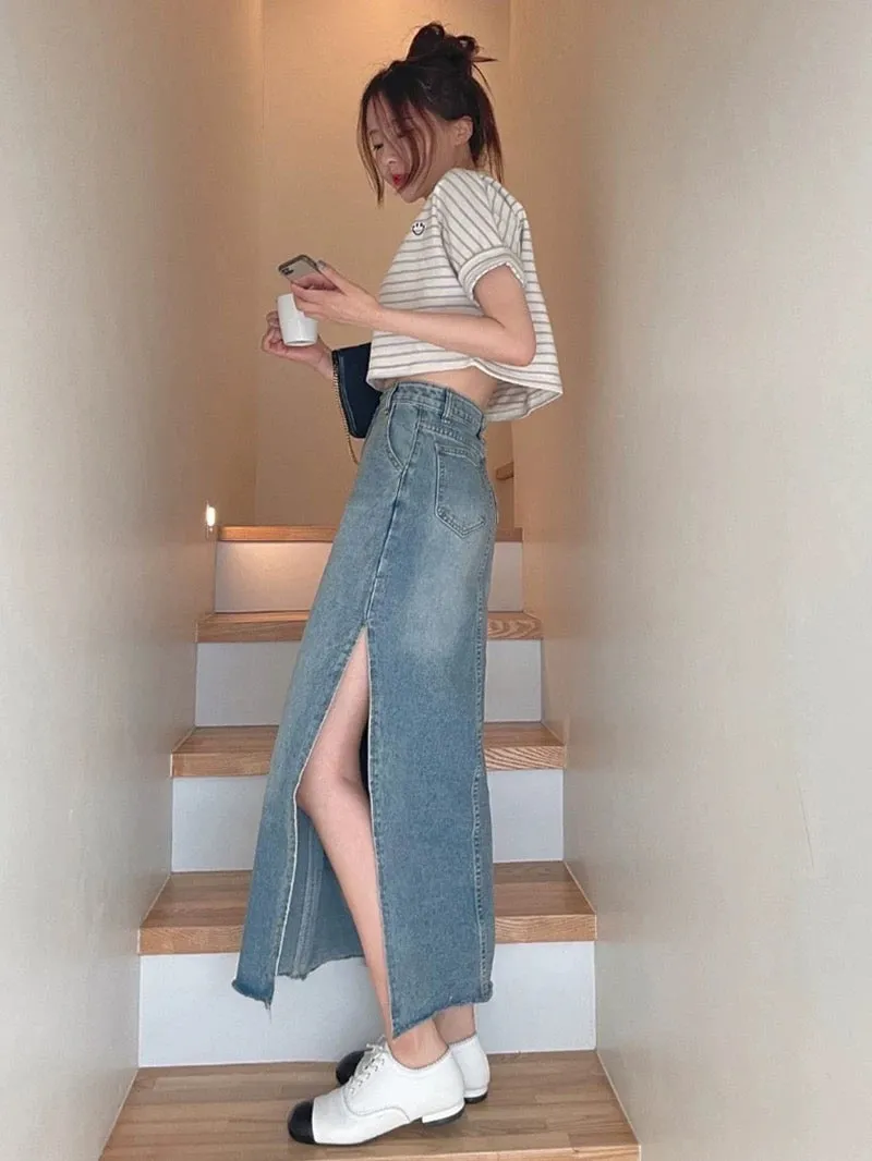 High-Waisted Maxi Denim Skirt with Side Slit