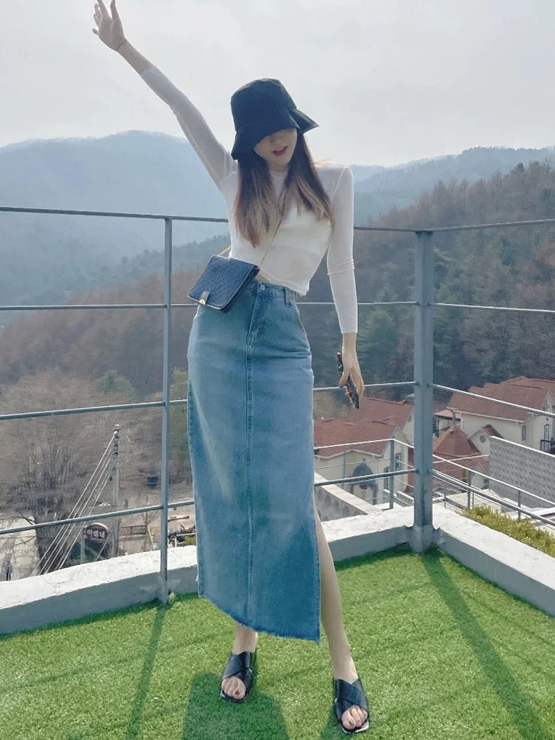 High-Waisted Maxi Denim Skirt with Side Slit