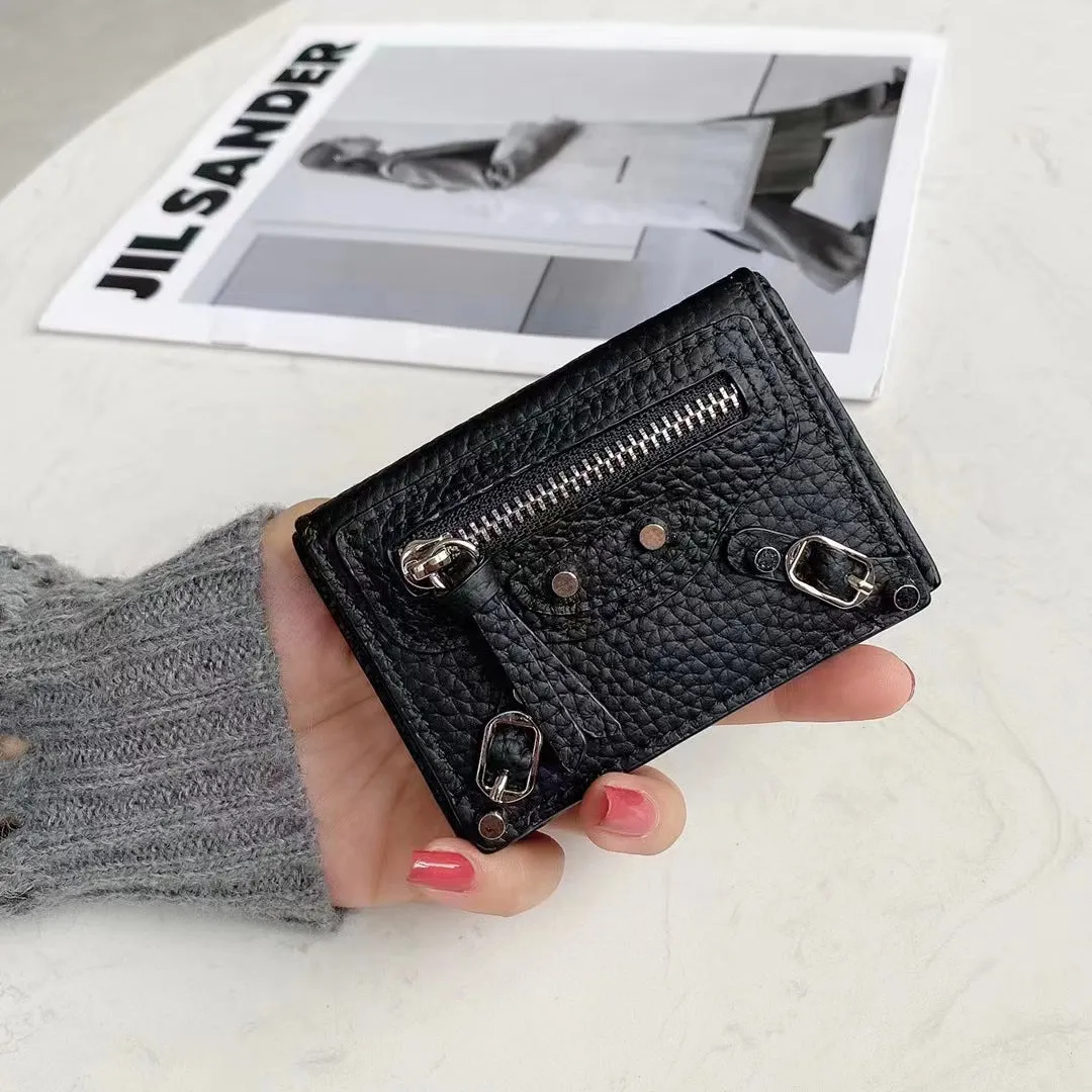 HOTan and NEWn Compact Mini Wallet Leather Wallet Women's Short and Thin Motorcycle Coin Purse Tri Fold Wallet Liu Ding