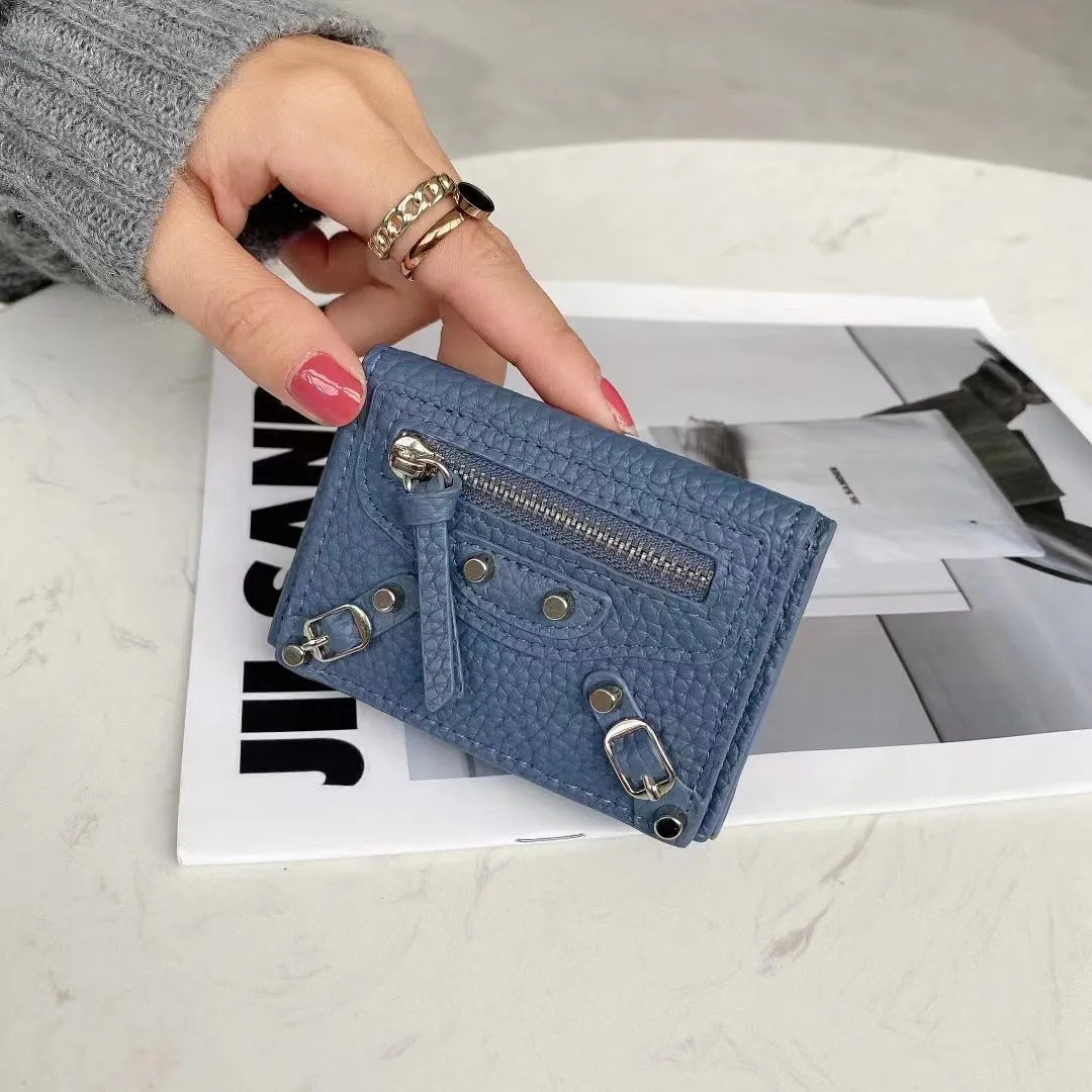 HOTan and NEWn Compact Mini Wallet Leather Wallet Women's Short and Thin Motorcycle Coin Purse Tri Fold Wallet Liu Ding