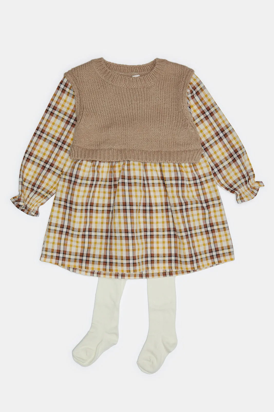 Infant Girls Beige Sweater Twofer Dress With Tights (2 Piece)