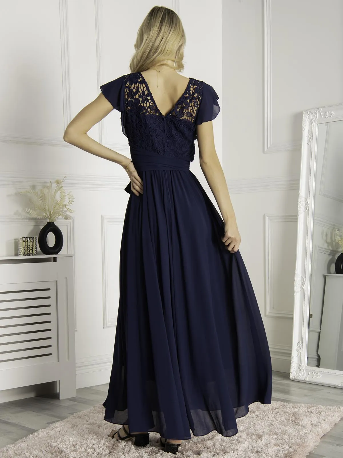 Jolie Moi Crochet Lace Bodice Maxi Dress Navy