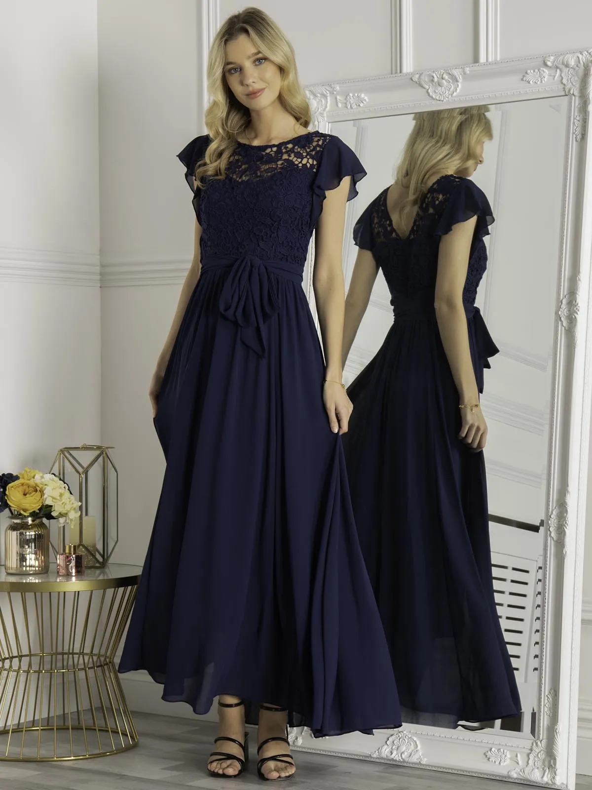 Jolie Moi Crochet Lace Bodice Maxi Dress Navy