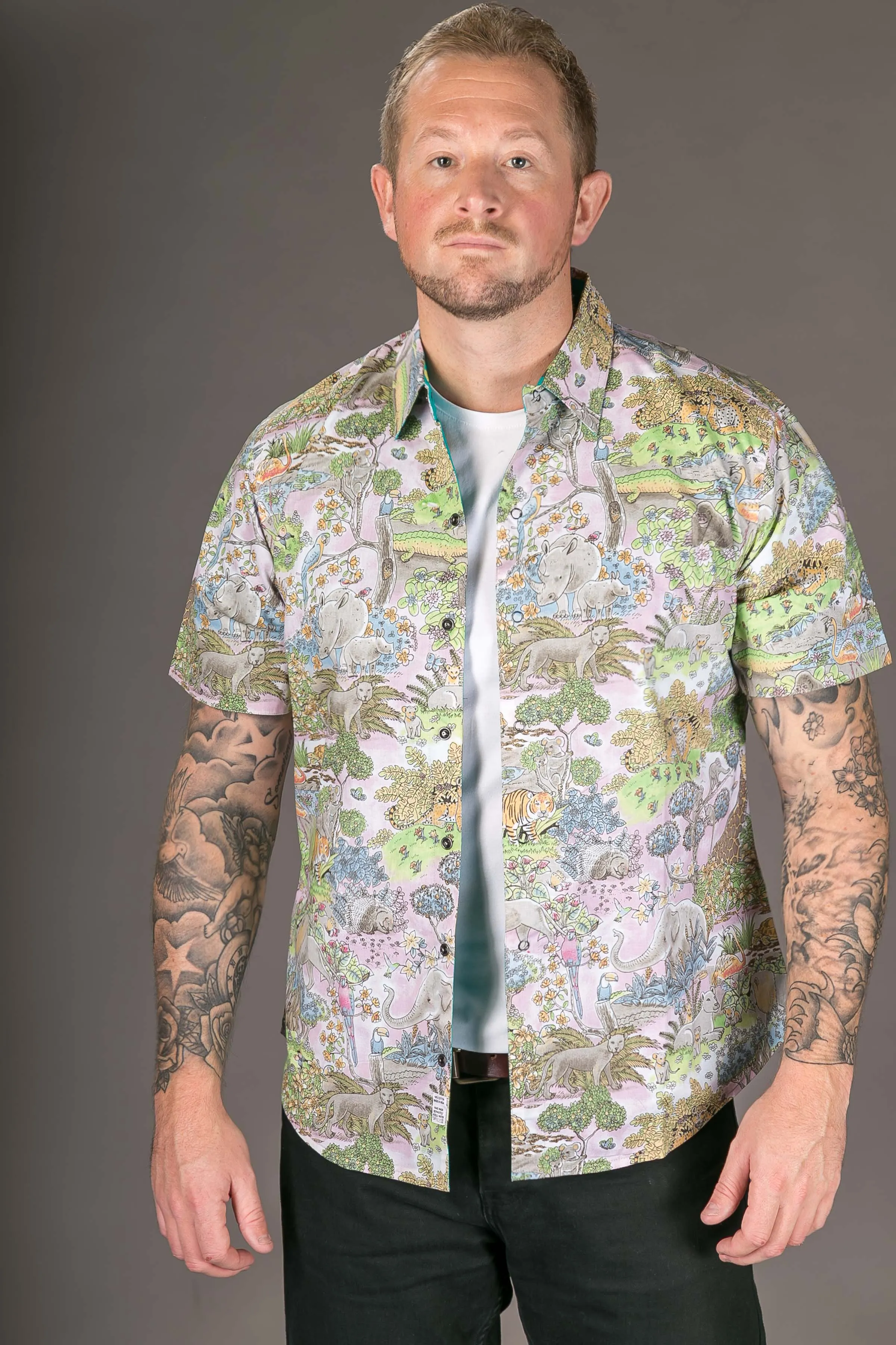 Jungle Pink Print Cotton Slim and Regular Fit Mens Shirt Short Sleeve