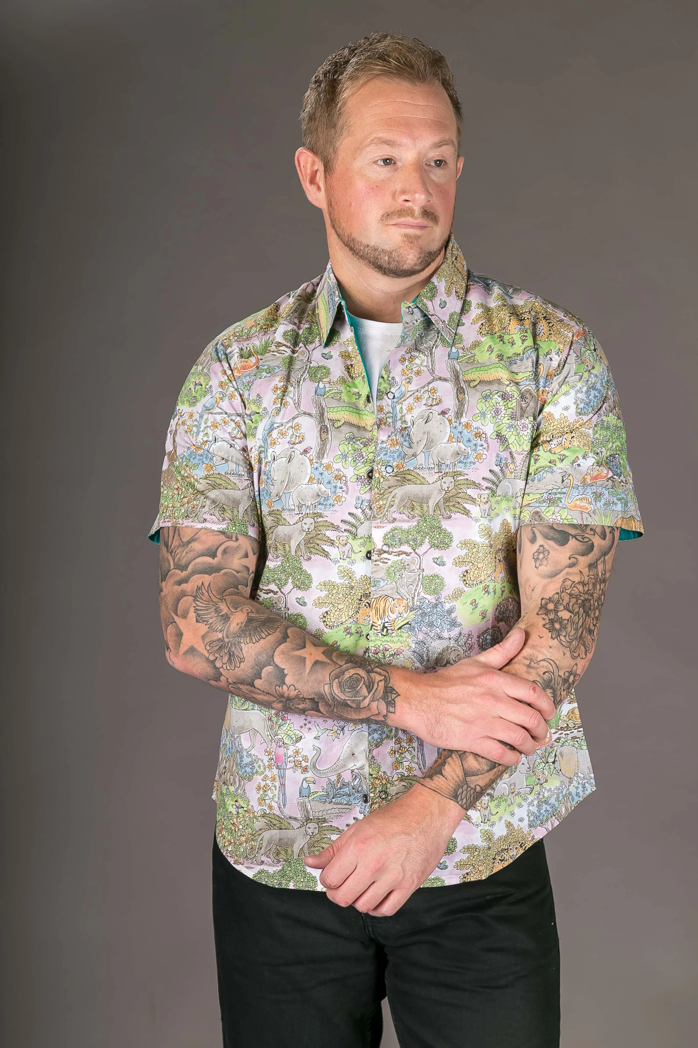 Jungle Pink Print Cotton Slim and Regular Fit Mens Shirt Short Sleeve