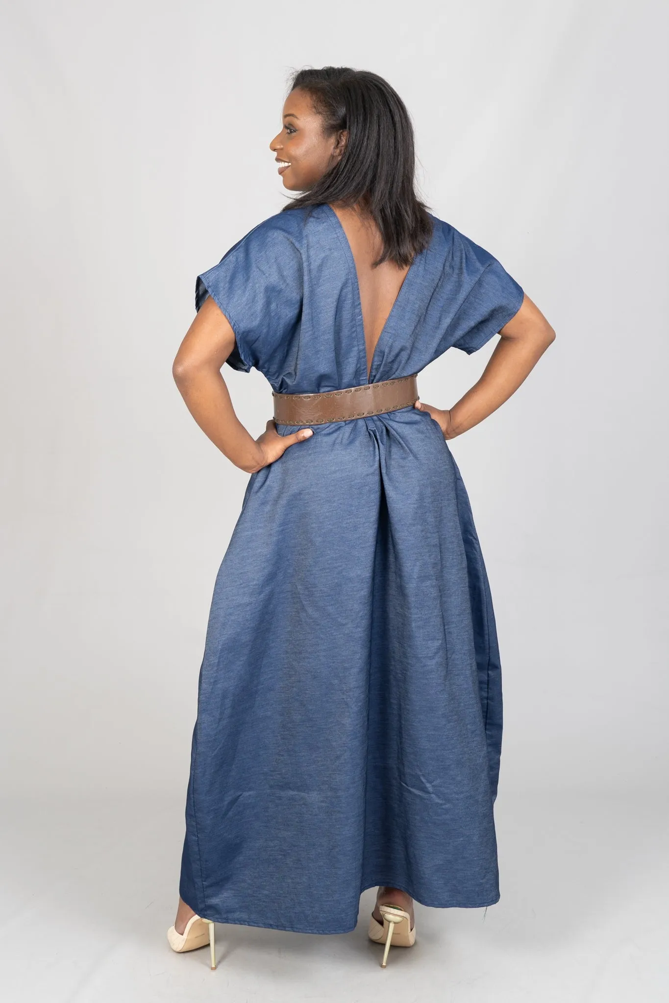 KaraChic 7794D Deep V-back Denim Maxi Dress