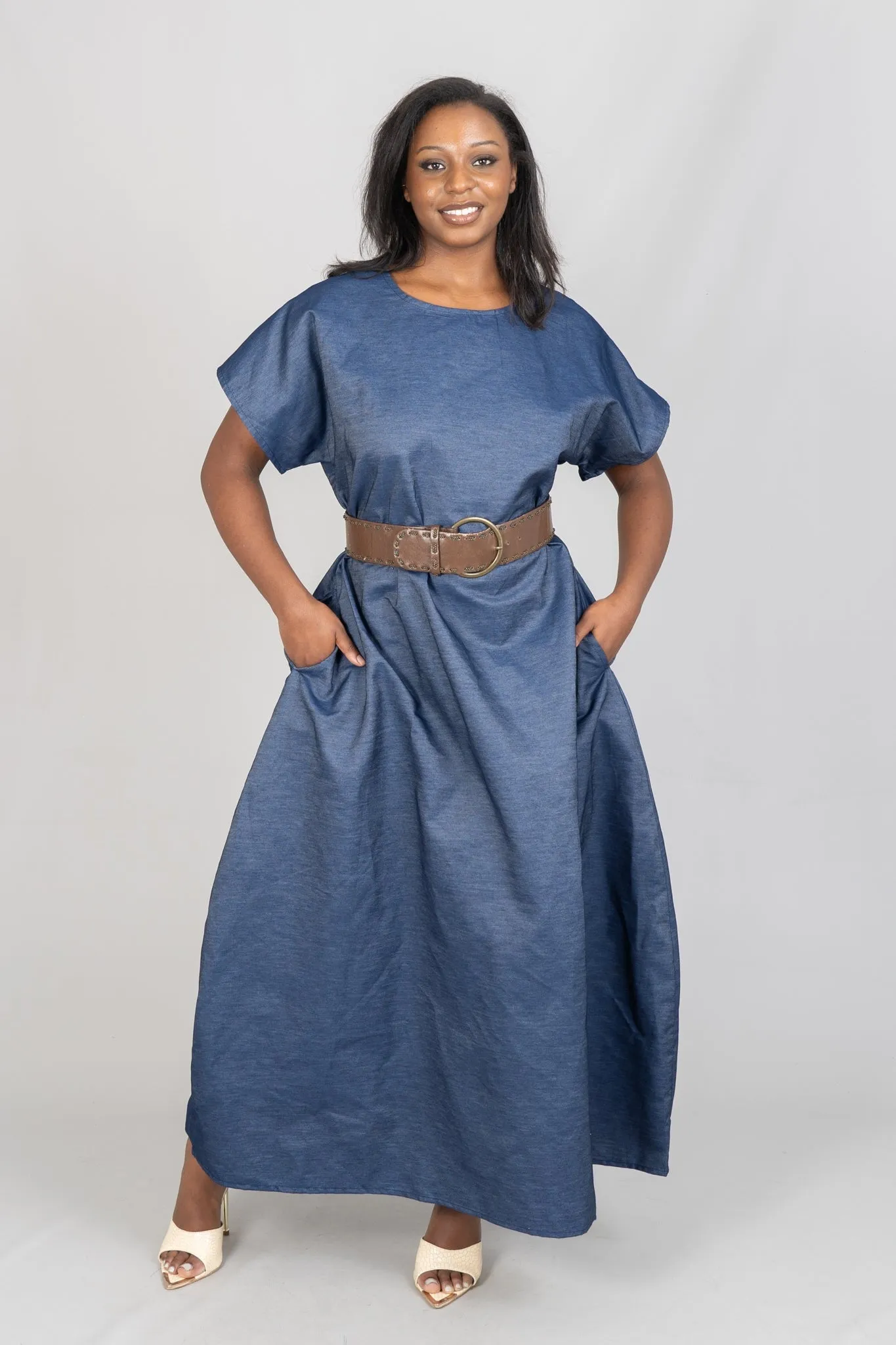 KaraChic 7794D Deep V-back Denim Maxi Dress